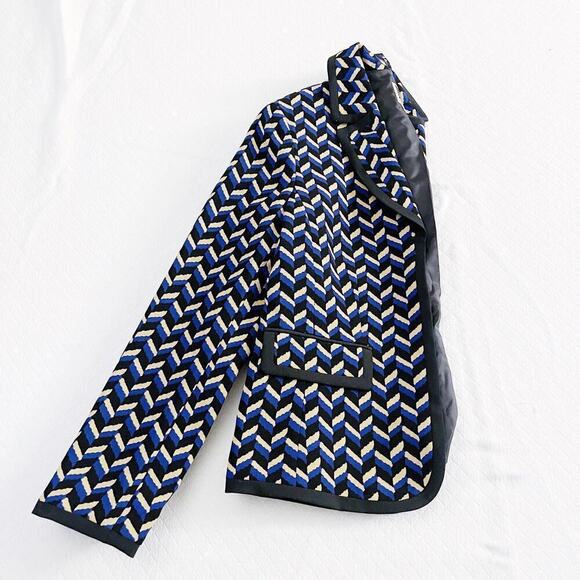 Anne Klein Chevron Printed Suit Blazer Blk White Blue SZ10 - Picture 1 of 7